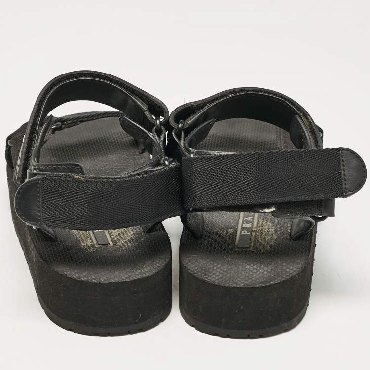 Pre Owned Prada Black Leather and Canvas Tape Strap Flat Sandals Size 38