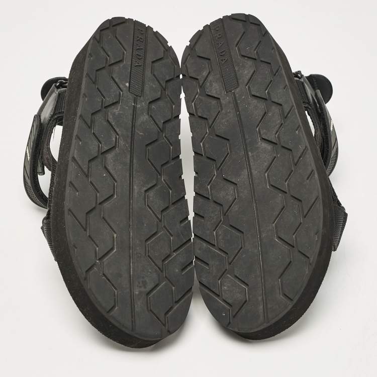 Pre Owned Prada Black Leather and Canvas Tape Strap Flat Sandals Size 38