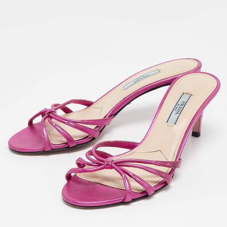 Pre Owned Prada Metallic Pink Leather Slide Sandals Size 37