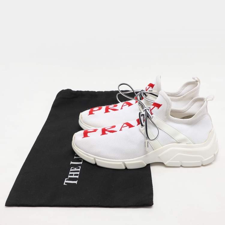 مملوكة مسبقًا Prada White/Red Knit Fabric Low Top Sneakers Size 38