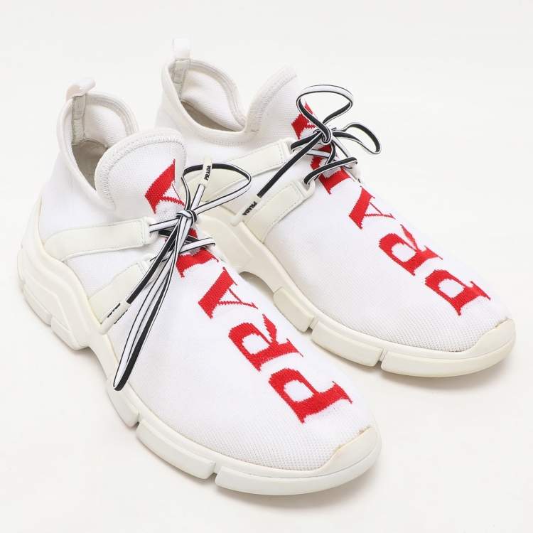مملوكة مسبقًا Prada White/Red Knit Fabric Low Top Sneakers Size 38