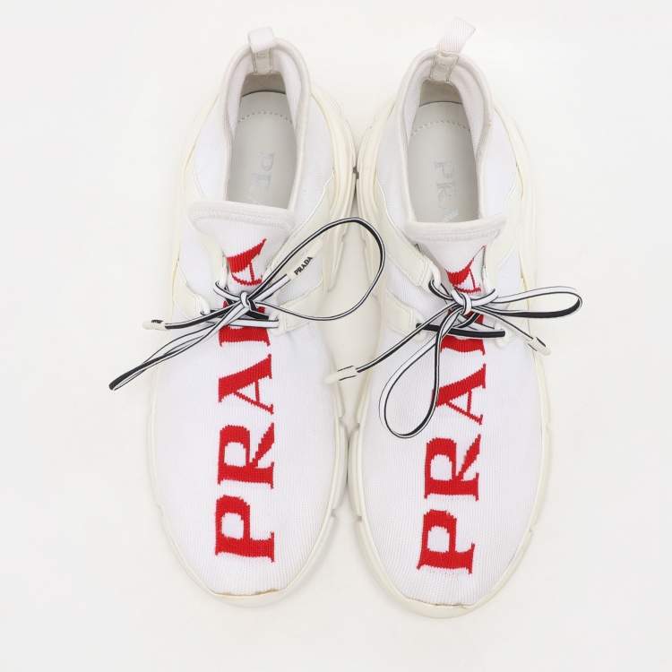 مملوكة مسبقًا Prada White/Red Knit Fabric Low Top Sneakers Size 38