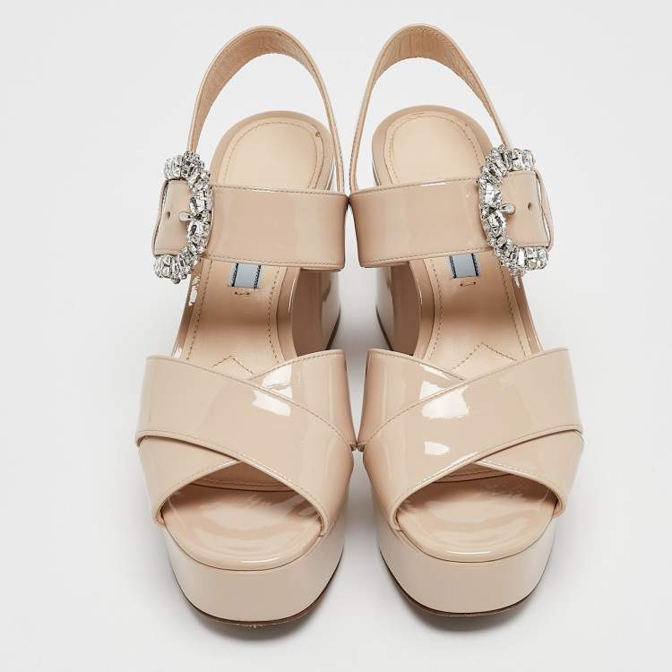 Pre Owned Prada Beige Patent Leather Crystal Buckle Ankle Strap Sandals Size 36