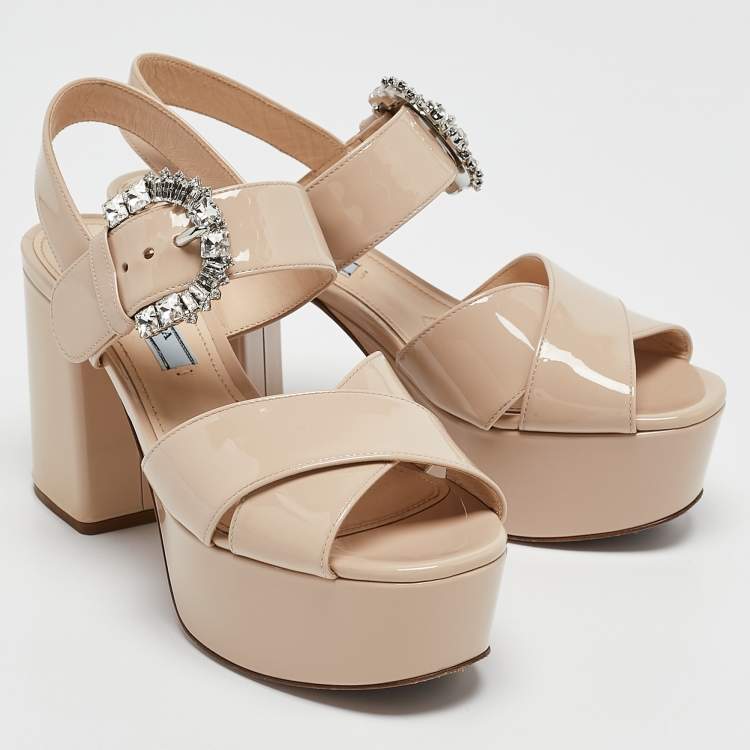 Pre Owned Prada Beige Patent Leather Crystal Buckle Ankle Strap Sandals Size 36