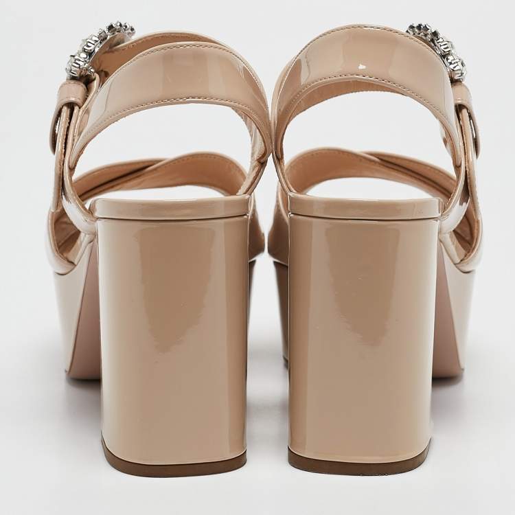 Pre Owned Prada Beige Patent Leather Crystal Buckle Ankle Strap Sandals Size 36