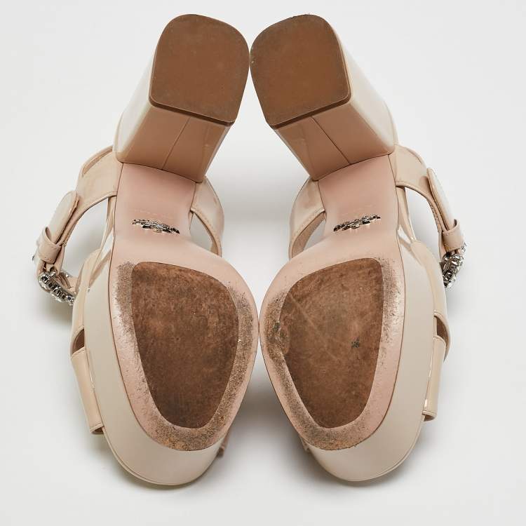 Pre Owned Prada Beige Patent Leather Crystal Buckle Ankle Strap Sandals Size 36