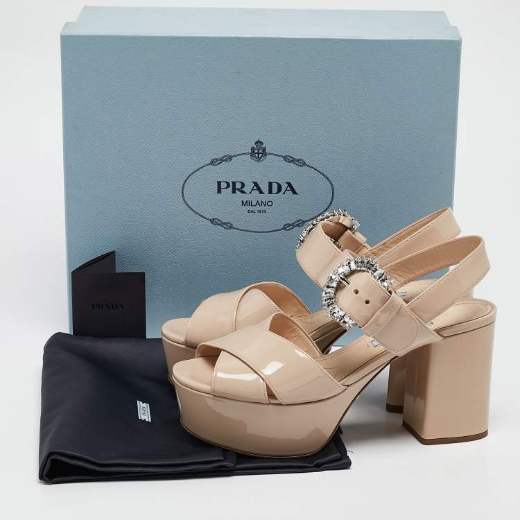 Pre Owned Prada Beige Patent Leather Crystal Buckle Ankle Strap Sandals Size 36