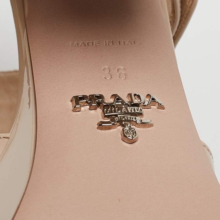 Pre Owned Prada Beige Patent Leather Crystal Buckle Ankle Strap Sandals Size 36