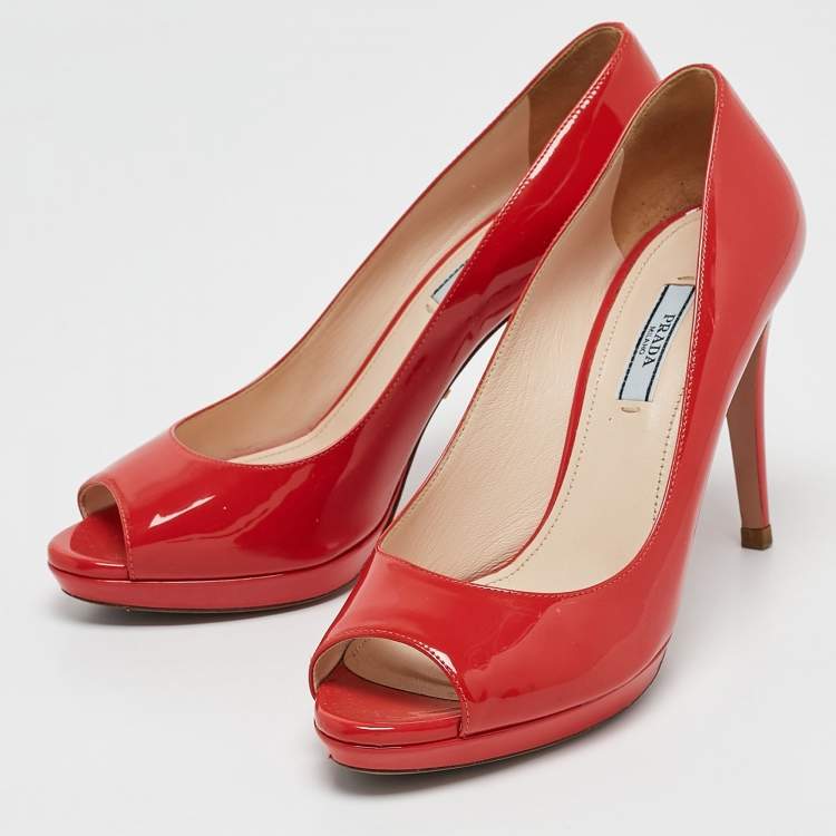 Pre Owned Prada Coral Pink Patent Leather Peep Toe Pumps Size 38
