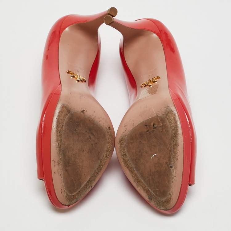 Pre Owned Prada Coral Pink Patent Leather Peep Toe Pumps Size 38