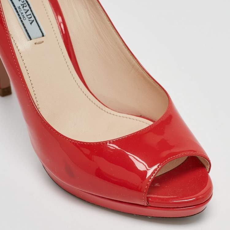 Pre Owned Prada Coral Pink Patent Leather Peep Toe Pumps Size 38