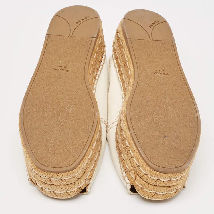 Pre Owned Prada White Leather Peep Toe Platform Espadrille Flats Size 38