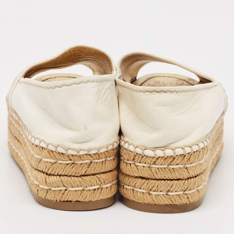 Pre Owned Prada White Leather Peep Toe Platform Espadrille Flats Size 38