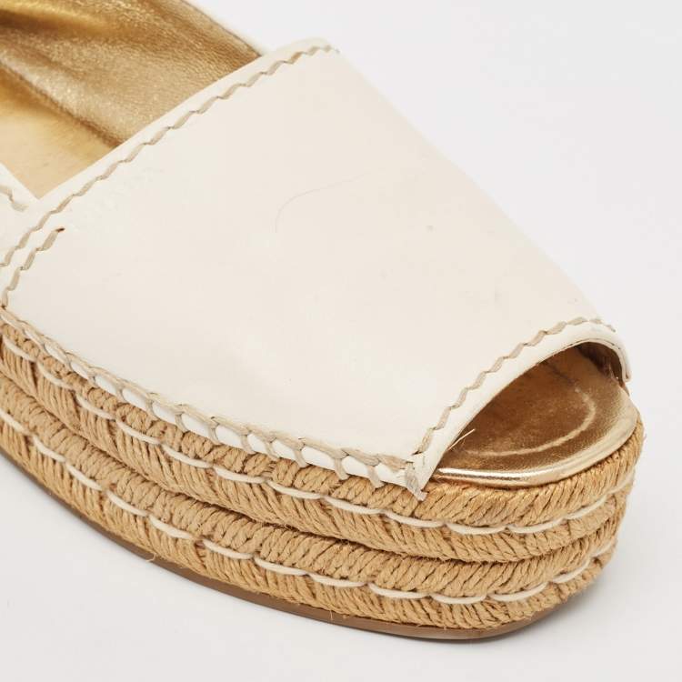 Pre Owned Prada White Leather Peep Toe Platform Espadrille Flats Size 38