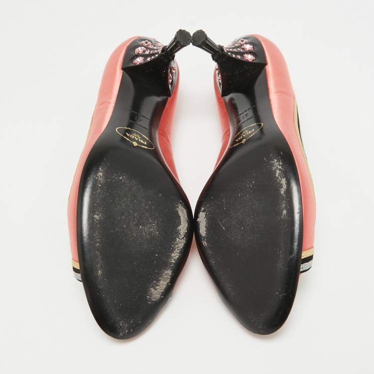 Pre Owned Prada Multicolor Leather and Satin Peep Toe Pumps Size 41