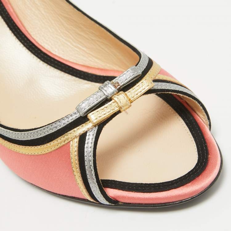 Pre Owned Prada Multicolor Leather and Satin Peep Toe Pumps Size 41