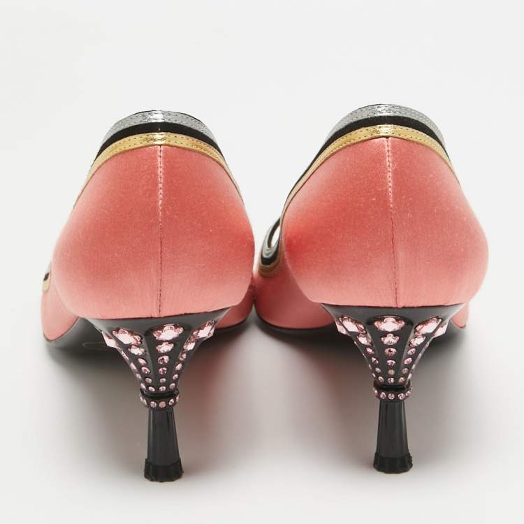 Pre Owned Prada Multicolor Leather and Satin Peep Toe Pumps Size 41