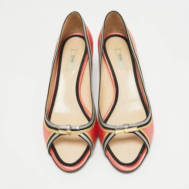 Pre Owned Prada Multicolor Leather and Satin Peep Toe Pumps Size 41