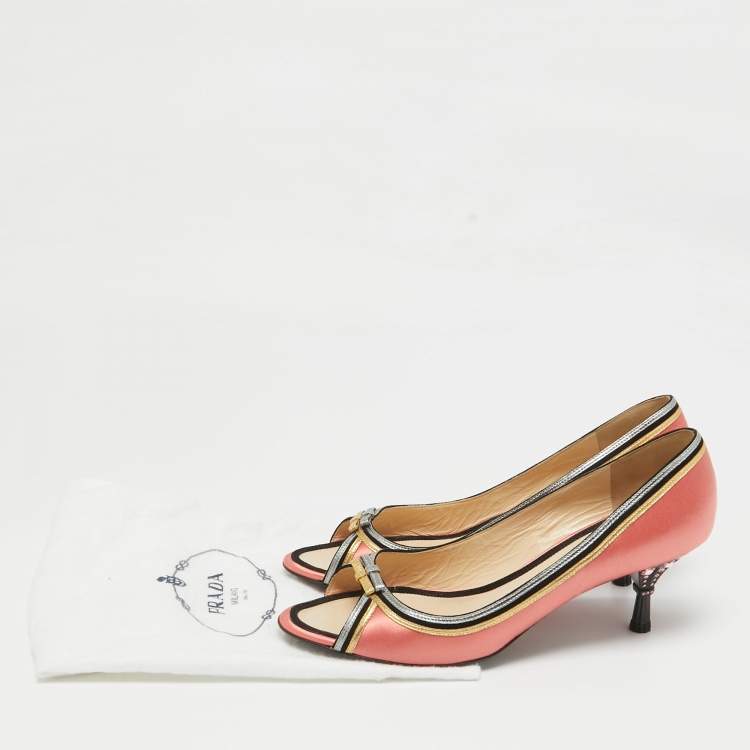 Pre Owned Prada Multicolor Leather and Satin Peep Toe Pumps Size 41