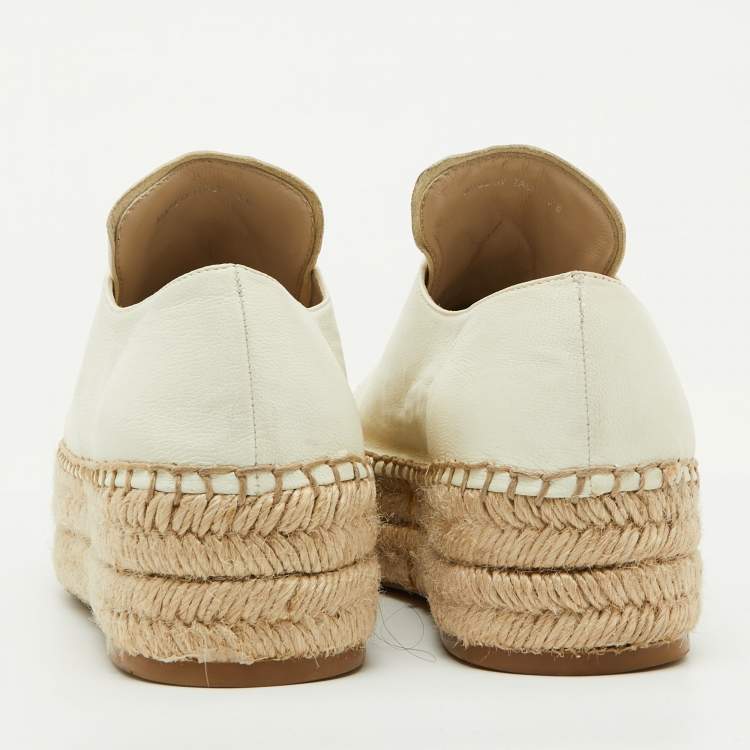 Pre Owned Prada White Leather Platform Espadrille Lace Up Sneakers Size 38
