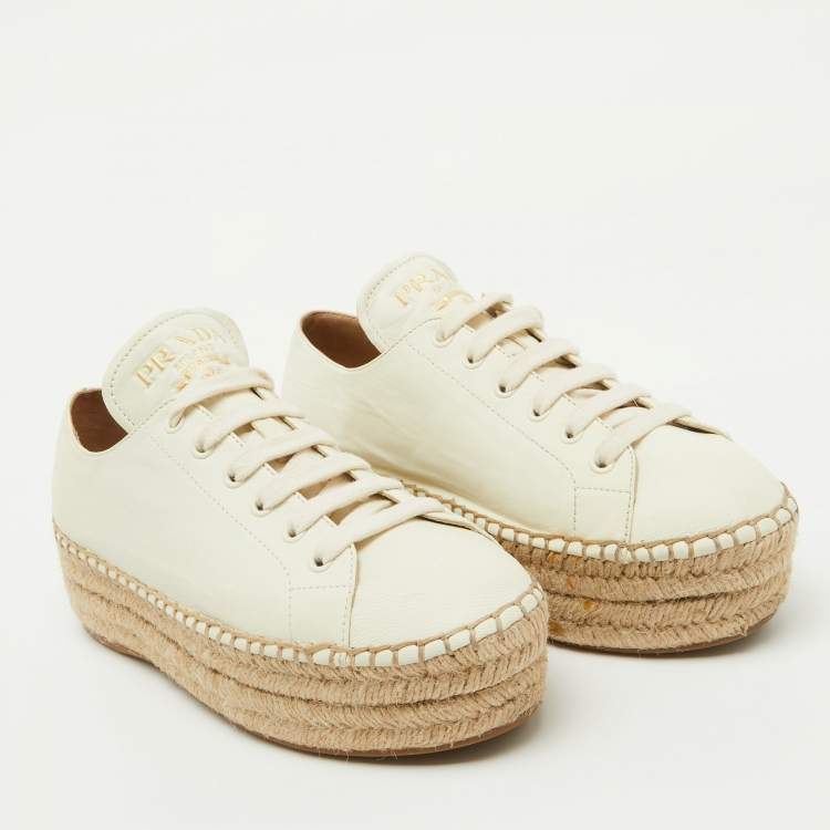 Pre Owned Prada White Leather Platform Espadrille Lace Up Sneakers Size 38