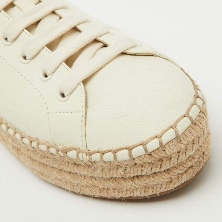Pre Owned Prada White Leather Platform Espadrille Lace Up Sneakers Size 38