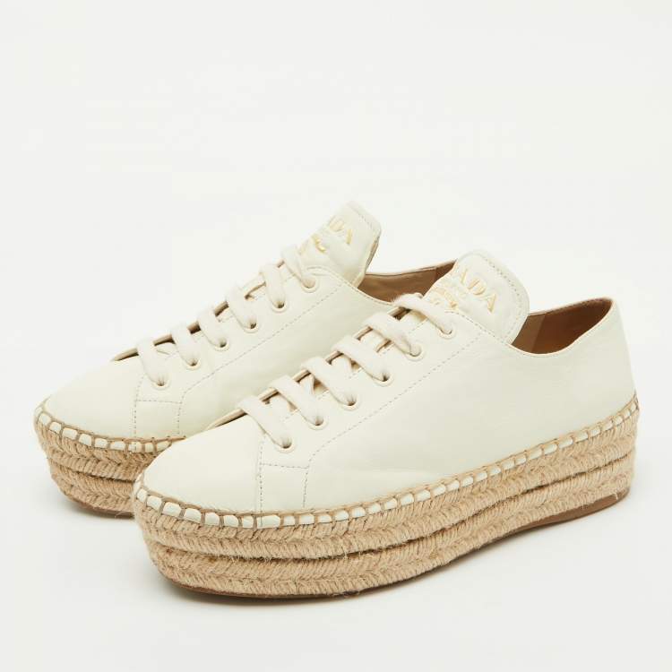 Pre Owned Prada White Leather Platform Espadrille Lace Up Sneakers Size 38