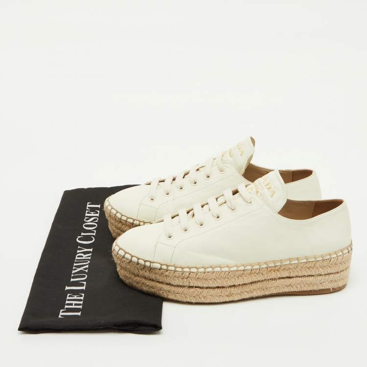Pre Owned Prada White Leather Platform Espadrille Lace Up Sneakers Size 38