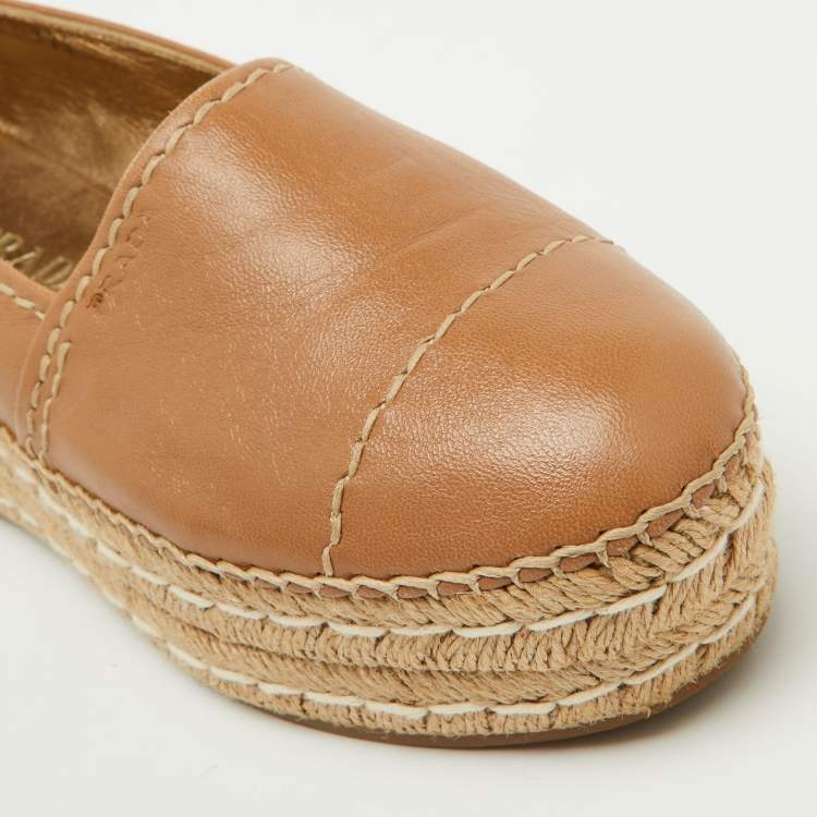Pre Owned Prada Beige Leather Platform Espadrille Flats Size 37.5