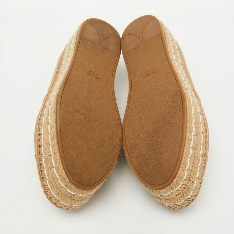 Pre Owned Prada Beige Leather Platform Espadrille Flats Size 37.5