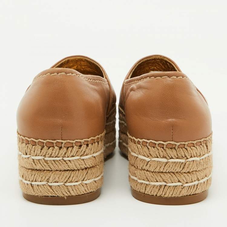 Pre Owned Prada Beige Leather Platform Espadrille Flats Size 37.5