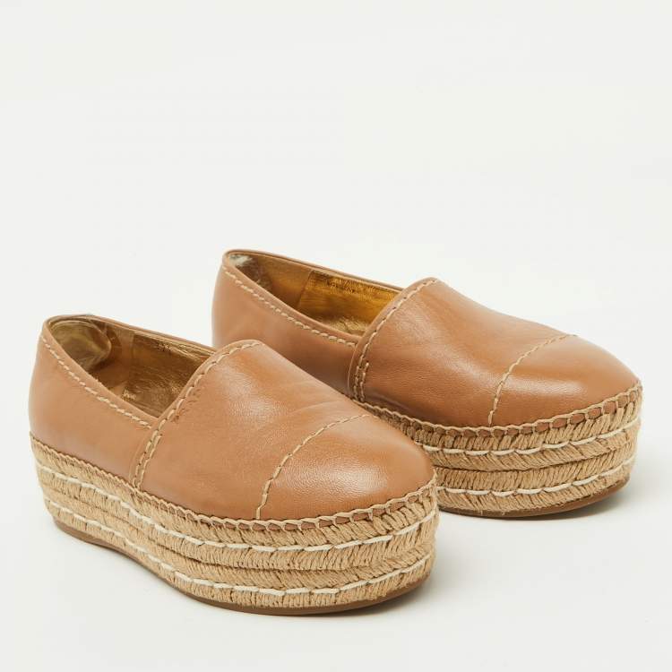 Pre Owned Prada Beige Leather Platform Espadrille Flats Size 37.5