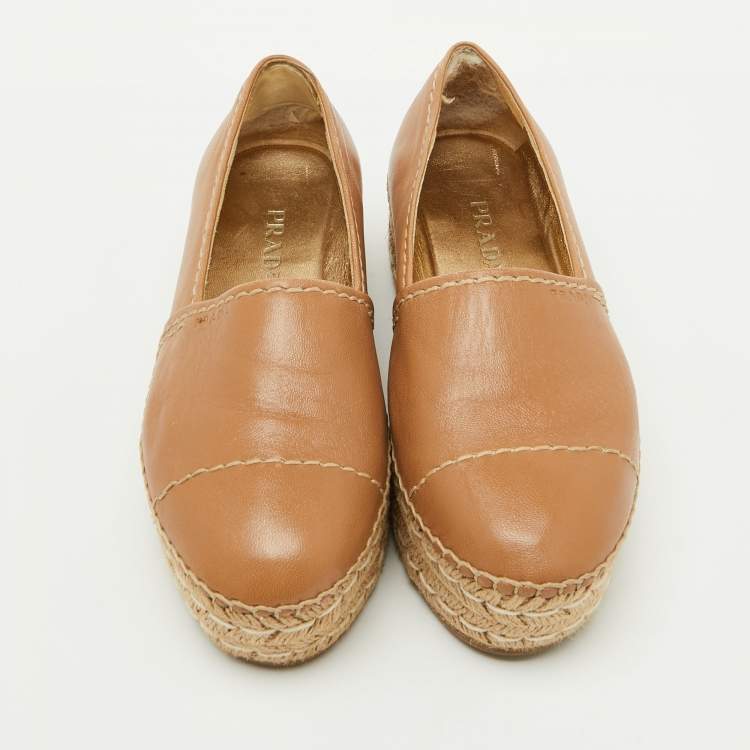 Pre Owned Prada Beige Leather Platform Espadrille Flats Size 37.5