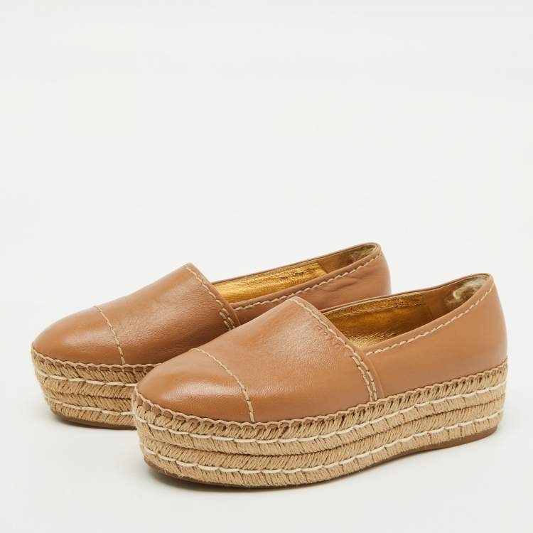 Pre Owned Prada Beige Leather Platform Espadrille Flats Size 37.5