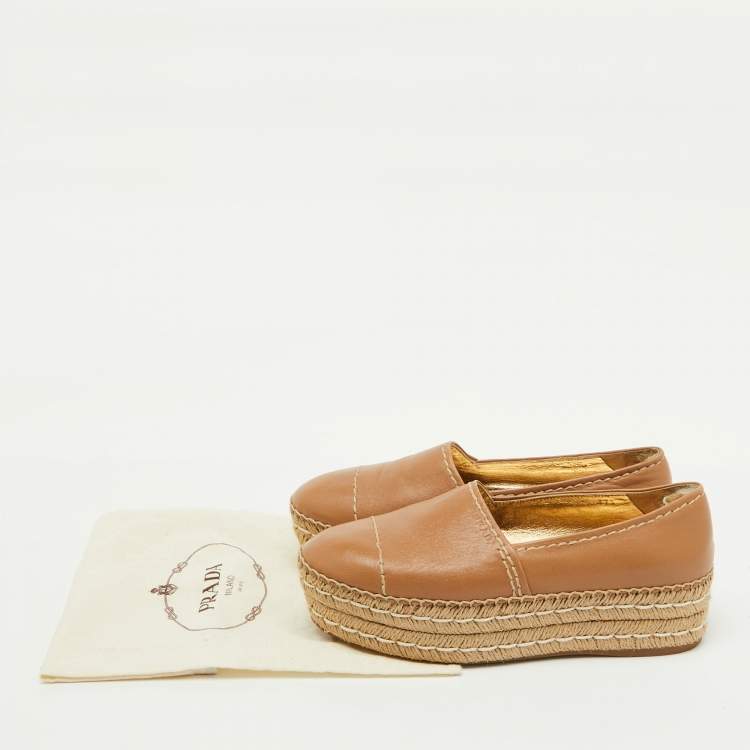 Pre Owned Prada Beige Leather Platform Espadrille Flats Size 37.5