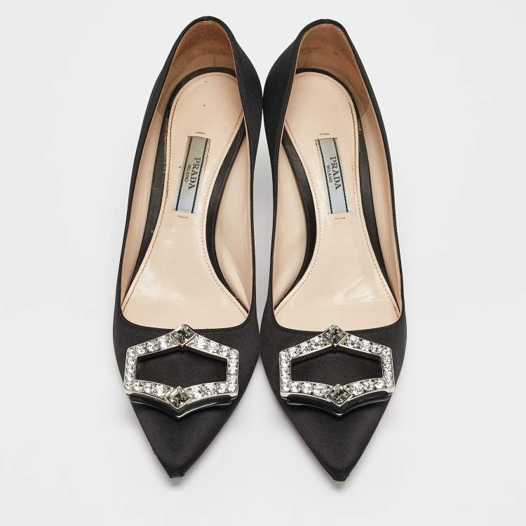 Pre Owned Prada Black Satin Crystal Embellished Pointed Toe Pumps Size 36