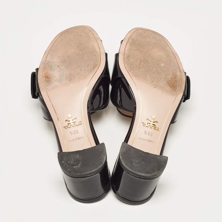Pre Owned Prada Black Patent Leather Crystal Embellished Slide Sandals Size 38.5