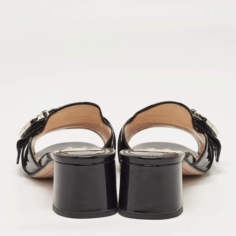 Pre Owned Prada Black Patent Leather Crystal Embellished Slide Sandals Size 38.5