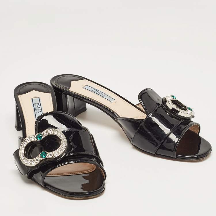 Pre Owned Prada Black Patent Leather Crystal Embellished Slide Sandals Size 38.5