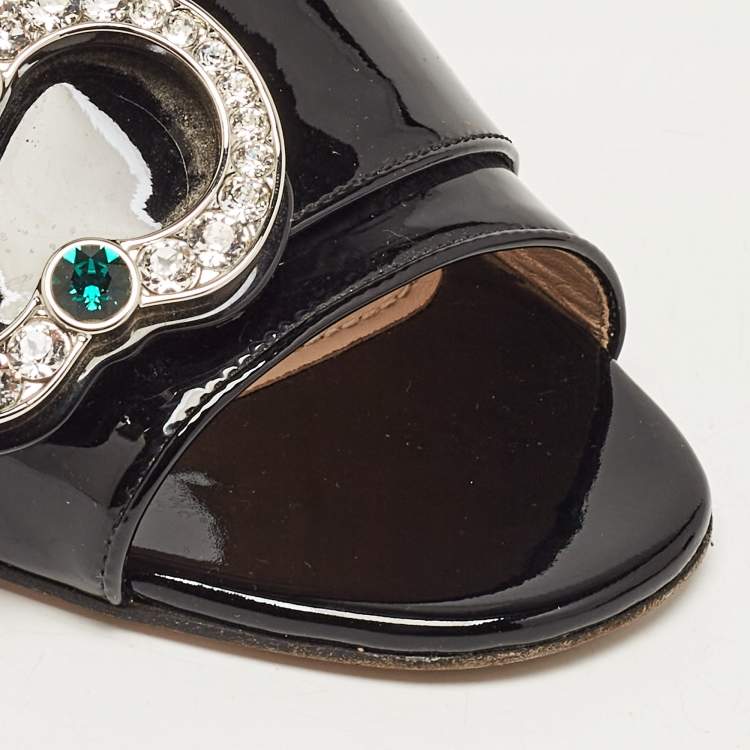 Pre Owned Prada Black Patent Leather Crystal Embellished Slide Sandals Size 38.5