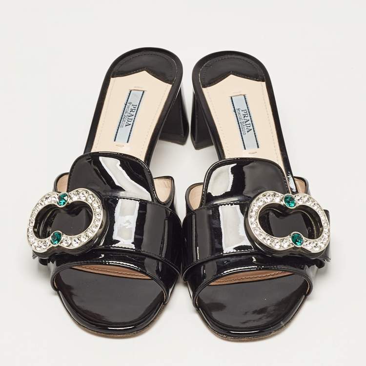 Pre Owned Prada Black Patent Leather Crystal Embellished Slide Sandals Size 38.5
