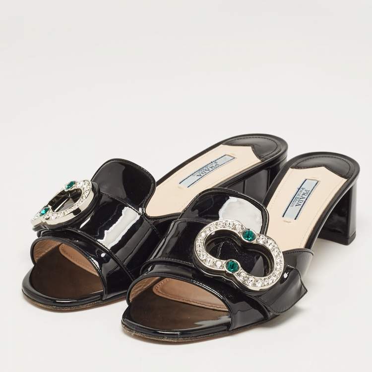 Pre Owned Prada Black Patent Leather Crystal Embellished Slide Sandals Size 38.5