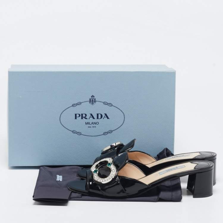 Pre Owned Prada Black Patent Leather Crystal Embellished Slide Sandals Size 38.5