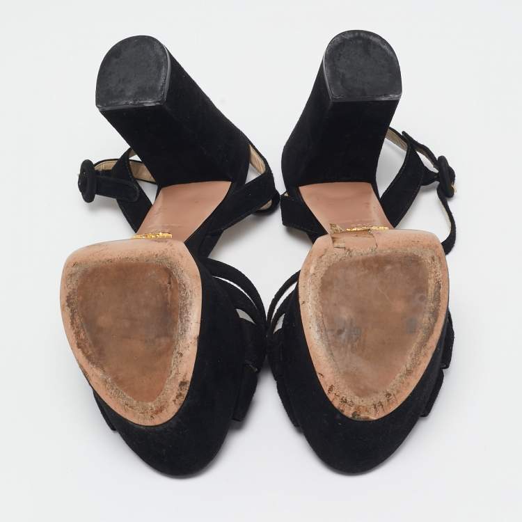 Pre Owned Prada Black Suede Ankle Strap Platform Sandals Size 36.5