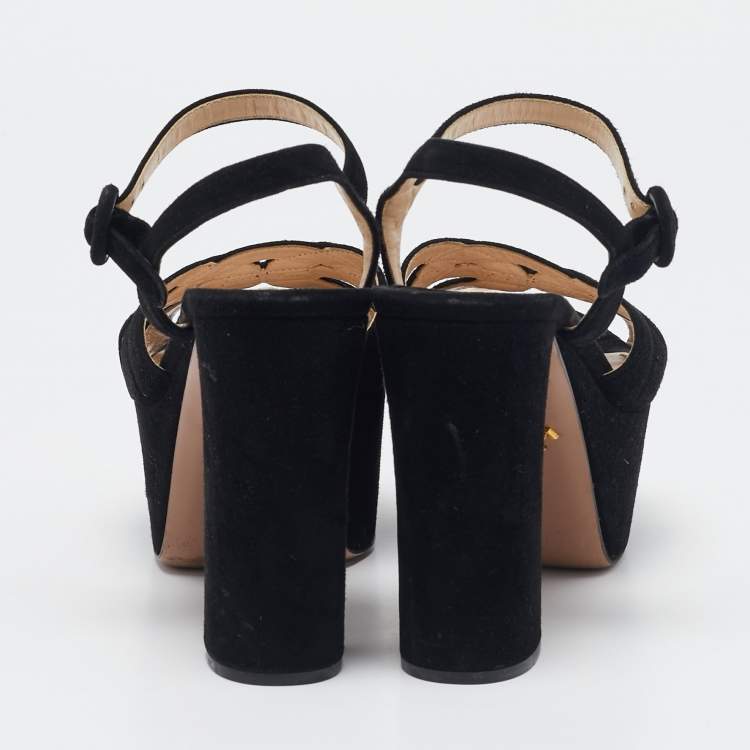 Pre Owned Prada Black Suede Ankle Strap Platform Sandals Size 36.5