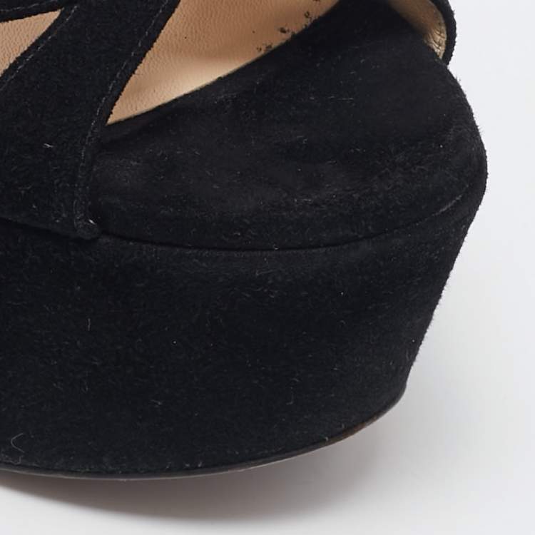 Pre Owned Prada Black Suede Ankle Strap Platform Sandals Size 36.5