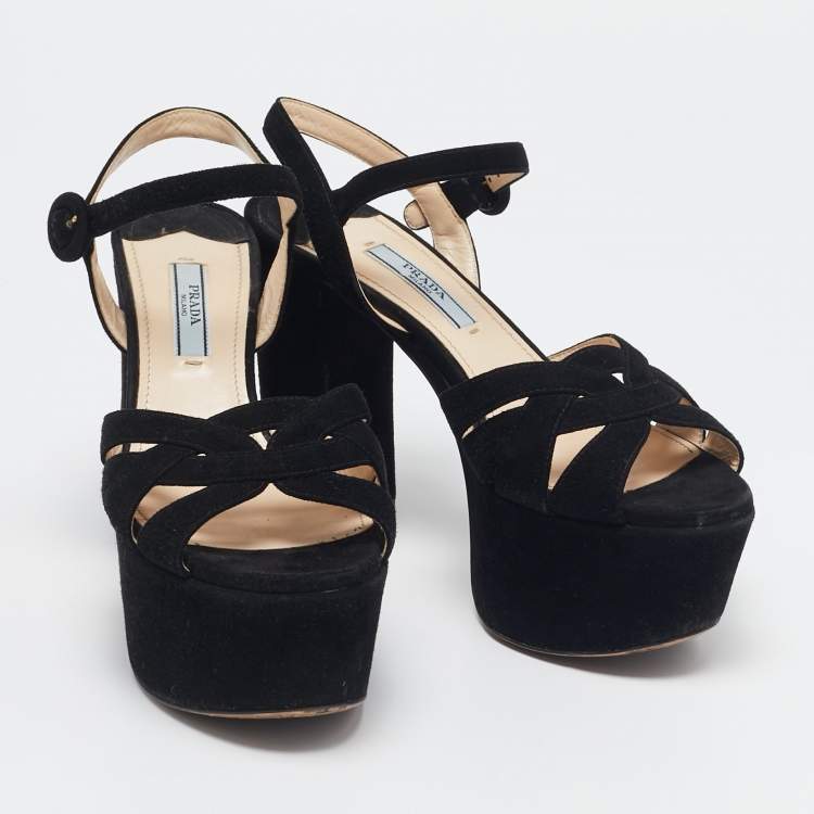 Pre Owned Prada Black Suede Ankle Strap Platform Sandals Size 36.5