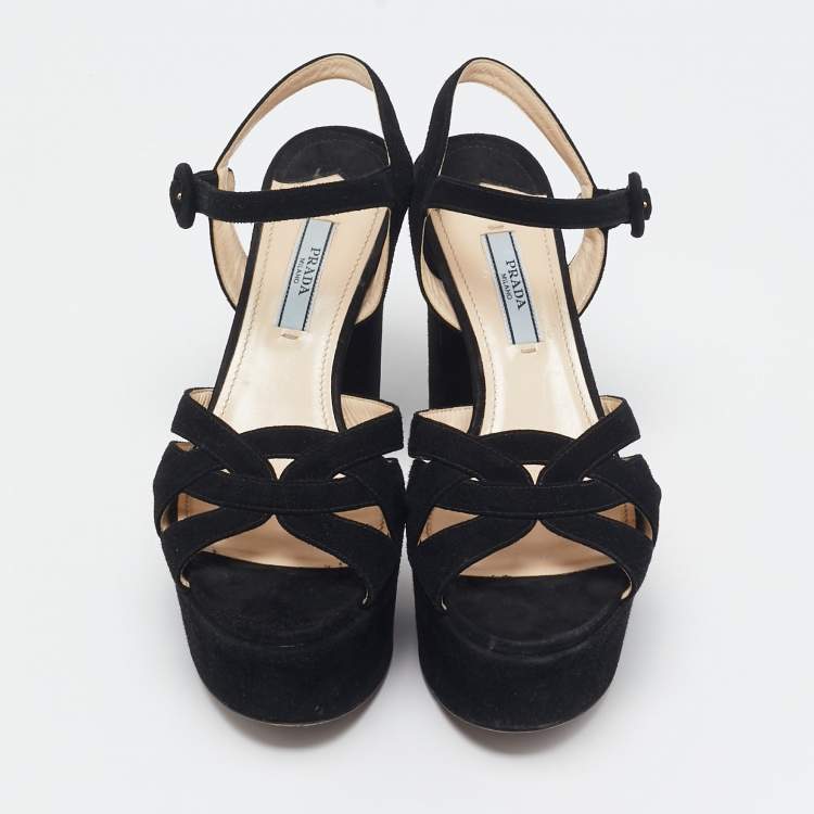 Pre Owned Prada Black Suede Ankle Strap Platform Sandals Size 36.5