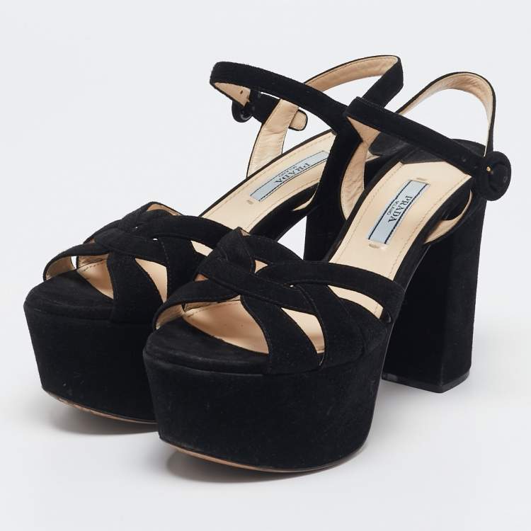 Pre Owned Prada Black Suede Ankle Strap Platform Sandals Size 36.5