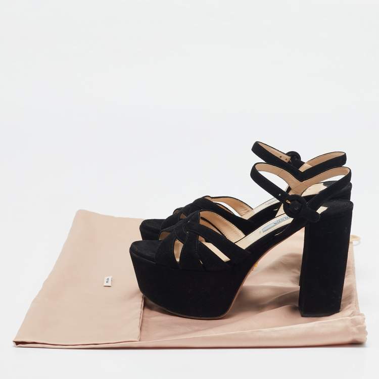 Pre Owned Prada Black Suede Ankle Strap Platform Sandals Size 36.5